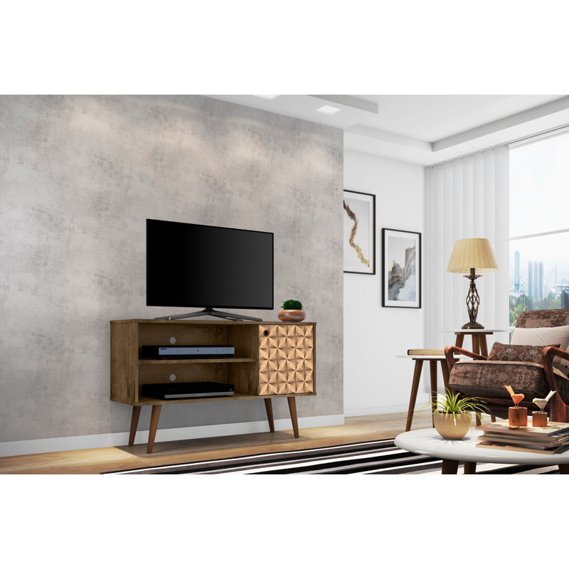 Liberty 43" Mid-Century Modern 3-Shelf TV Stand for TVs up to 43" in Rustic Brown and Natural, Rustic Brown/3D Brown Print