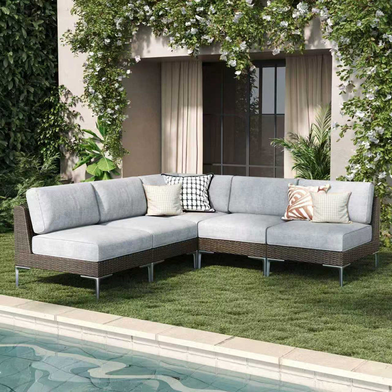  5-piece Wicker Rattan Patio Furniture Set, Deep Seating Outdoor Modular Sectional Sofa Conversation Set With Thick Cushions For Lawn, Garden