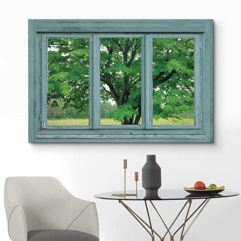 Window Looking at a Green Tree in a Field  Giclee Print Gallery Wrap Modern Home Art Ready to Hang, H 32 po x l 48 po