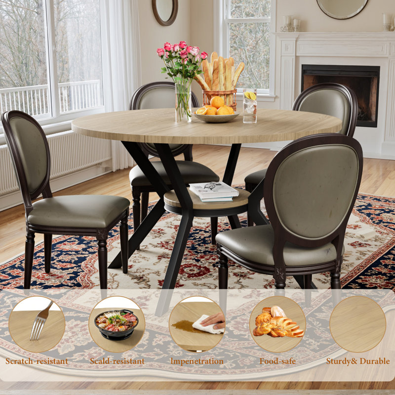 47 Inch Round Wood Dining Table for 4-6, Farmhouse Kitchen Table With Cross Pedestal & Storage Shelf for Kitchen and Dining Room- Natural