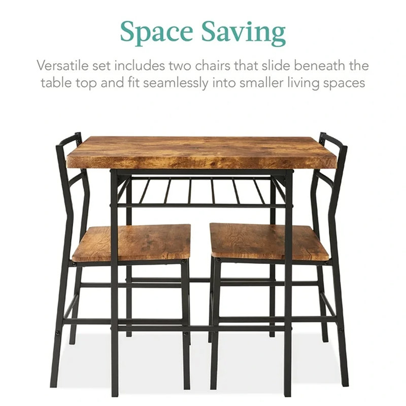 Ankie 3-Piece Modern Dining Set, Square Table & Chairs Set w/ Steel Frame, Built-In Storage Rack, Brown