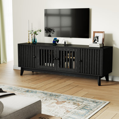 Meuble télé 63 po Mid-Century pour téléviseur de 65 à 75 po, console multimédia avec 4 portes à lattes, grand rangement et gestion des câbles, centre de divertissement pour le salon ou la chambre à coucher