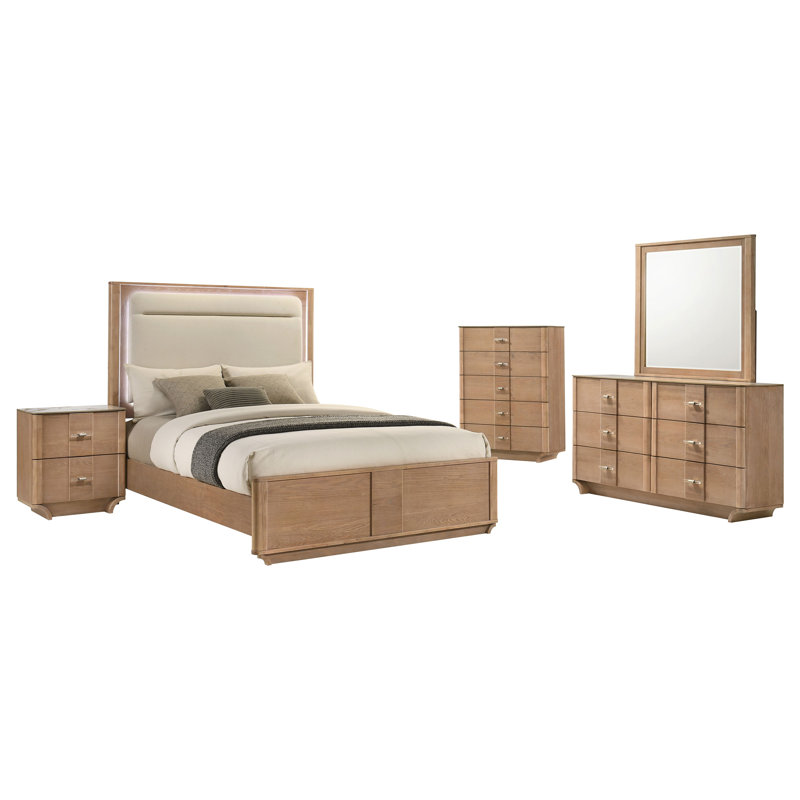 Bittinger 5-Piece Queen Bedroom Set Light Oak, 5 Pcs: Bed,2 Dressers, Mirror, Nightstand, Queen