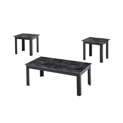 Ensemble de 3 pièces Table basse rectangulaire de style traditionnel Table de bout carrée Pieds en bois Finition noire Plateau en faux marbre Finition grise