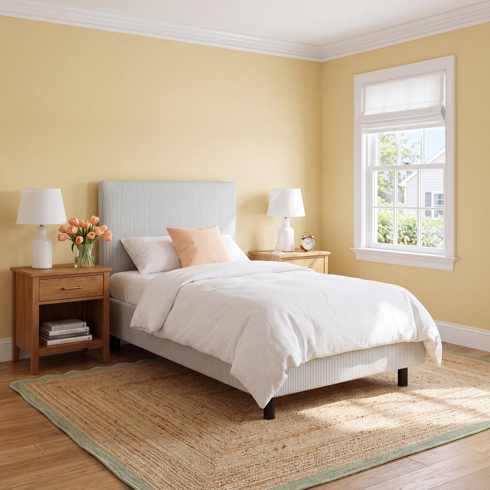 Sawyer Upholstered Platform Bed, Prep Stripe Gray, Twin