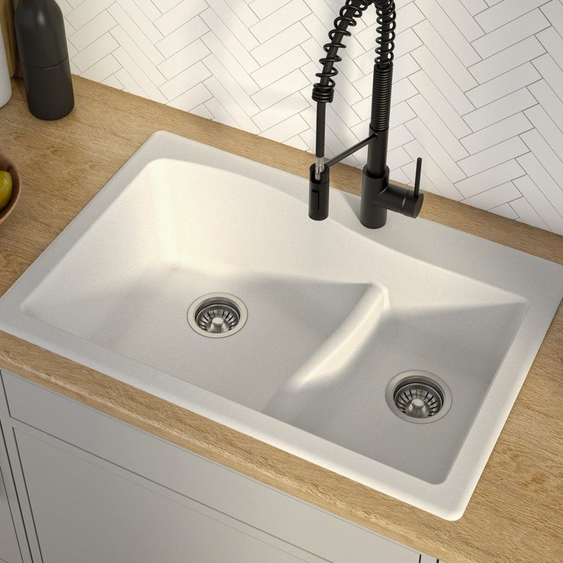 White Granite Dual Bowl Drop-In Kitchen Sink with Strainers