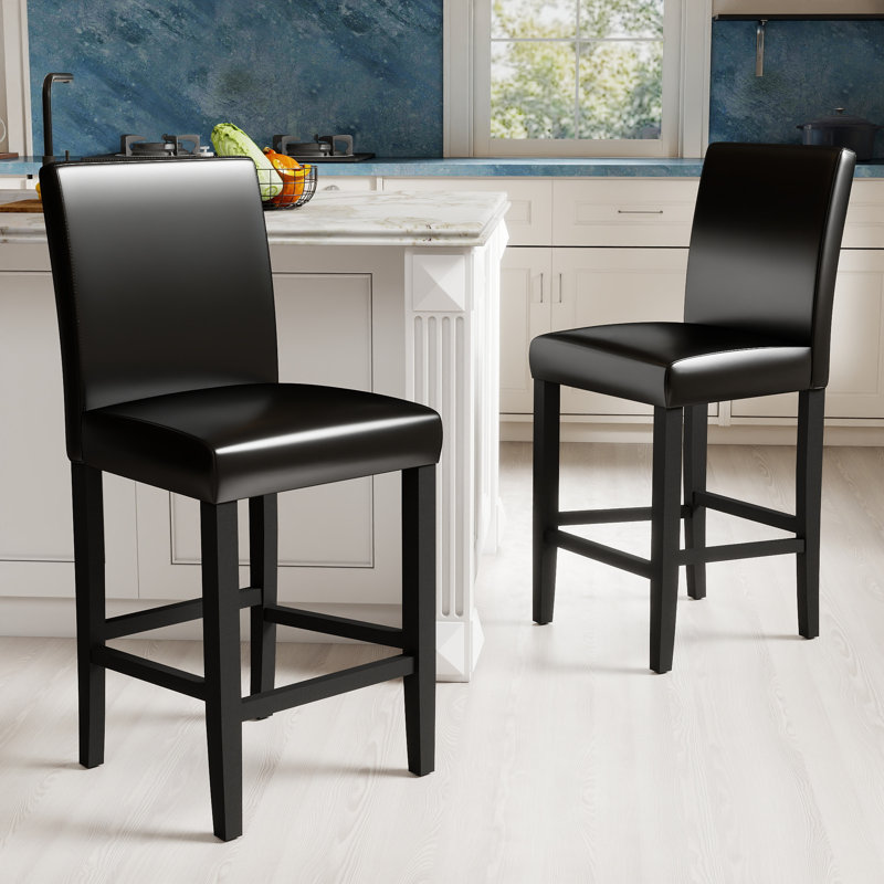 Sauhal 25' H Faux Leather Upholsted Solid Wood Counter Stool with Low Back, Black