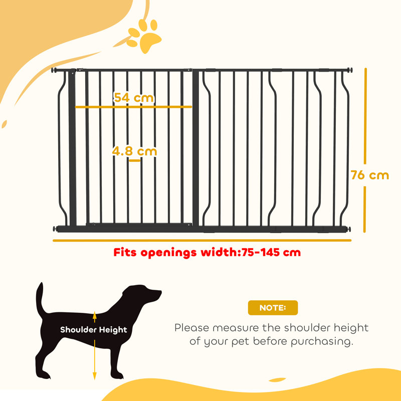 Dog Gate Wide Stair Gate with Door Pressure Fit 75-145W cm Black