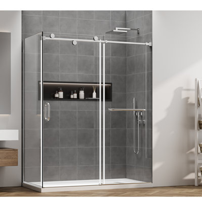 Cabine de douche rectangulaire sans cadre à portes coulissantes en verre trempé de 56 à 60 po x H 76 po x P 32 po avec quincaillerie en acier inoxydable