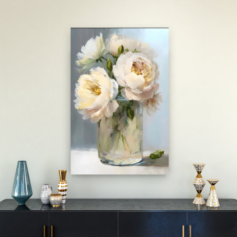 Pivoine jaune pâle et rose dans un vase, art contemporain classique délicat