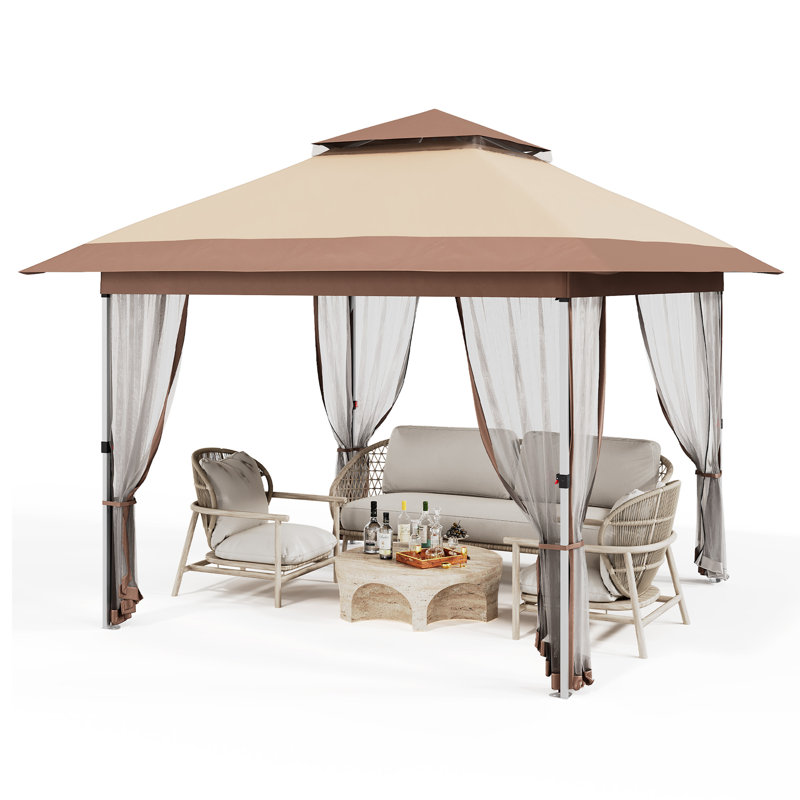 Pavillon de jardin 10 x 10 avec moustiquaire et rideaux - Auvent imperméable avec hauteur et roues réglables, Brun
