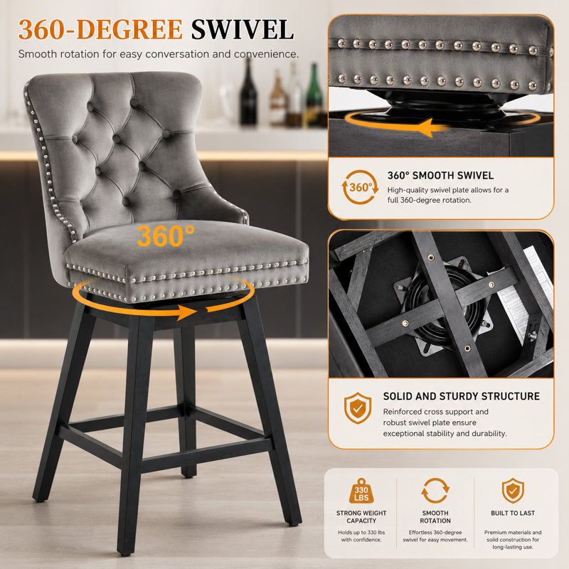 Counter Height Swivel Stools with Back, Upholstered Kitchen Island Chairs, Solid Wood Frame with Nailhead Trim, Set of 4