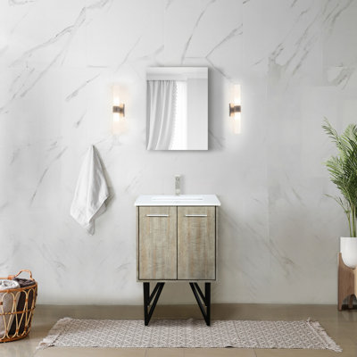 24 po De meuble-lavabo rustique l 20 po x P 20 po avec comptoir en quartz blanc, 18 miroirs carrés à plateau de table, tiroirs à fermeture en douceur et espace de rangement large pour la surface de la salle de bain, étagères intérieures à charnières ovales coulissantes