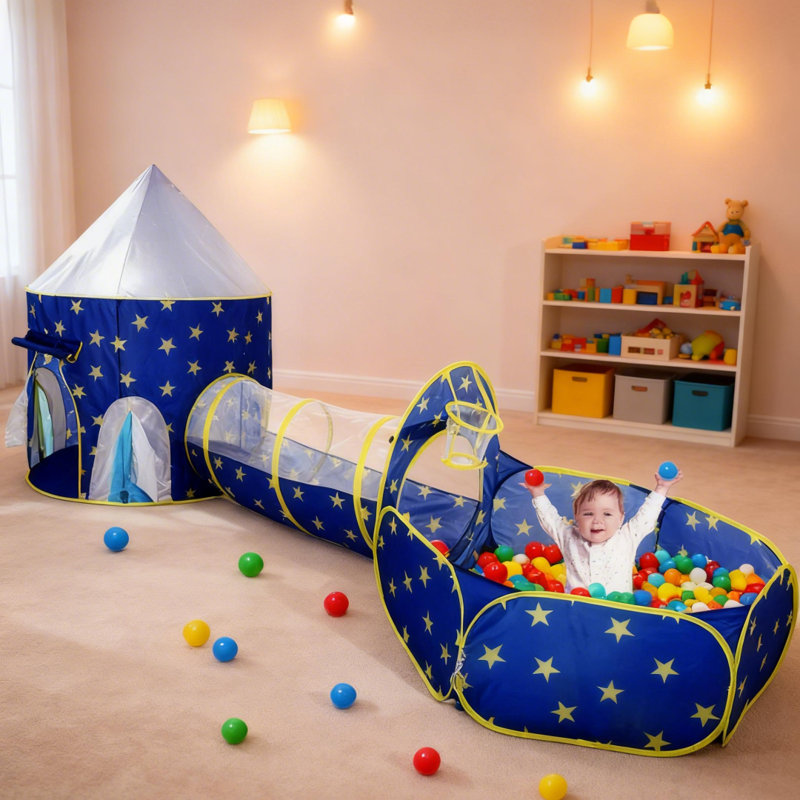 Ensemble de tente de jeu pour enfants 3 en 1 Wilwolfer avec fosse à balles et tunnel de rampement - maisonnette de jeu Pop-Up Adventure pour l'intérieur et l'extérieur
