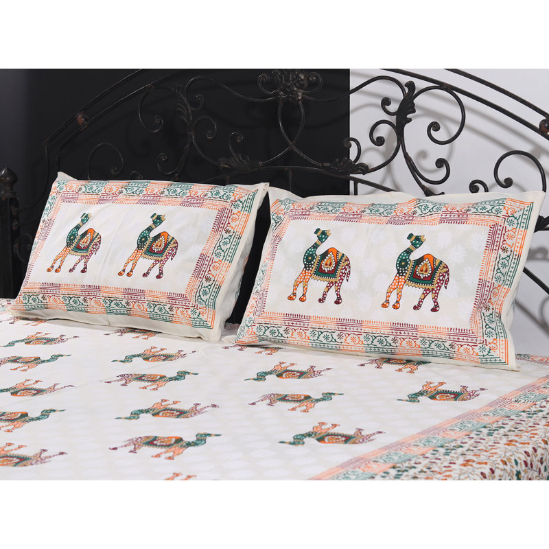 Ensemble de draps 100% coton crème crème multicolore à motif de vignes de chameau - literie bohème indien, 2 housses de coussin