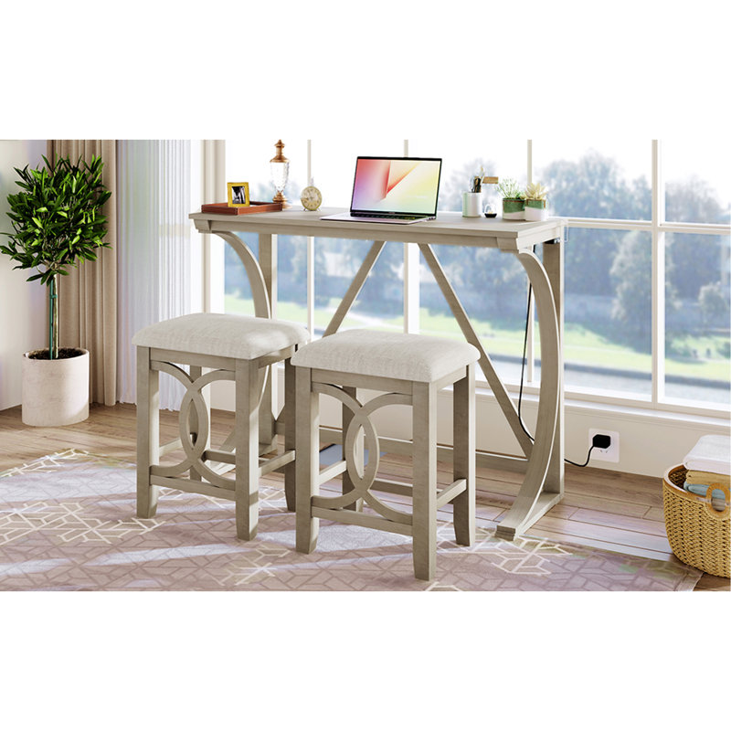 Cream Rubber Wood Farmhouse Counter Height Dining Set with USB Port