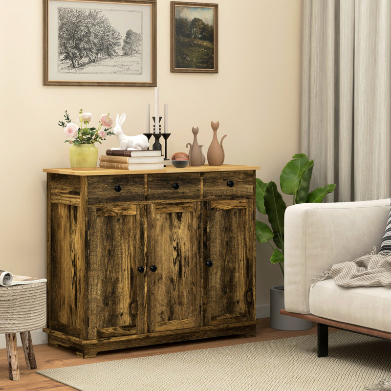 Sideboard Storage Cabinet, Rustic Brown With Solid Wood Countertop And 3 Drawers - Kitchen Cabinet Adjustable Shelves