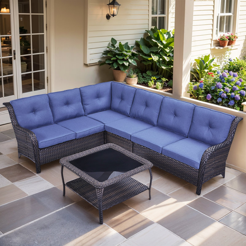 Schutt Wicker 6 - Person Patio Conversation Set with Cushions, Brown, Blue