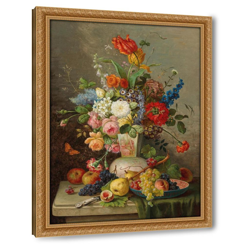 GroÃŸes BlumenstÃ¼ck mit Obst auf Steinplatte
