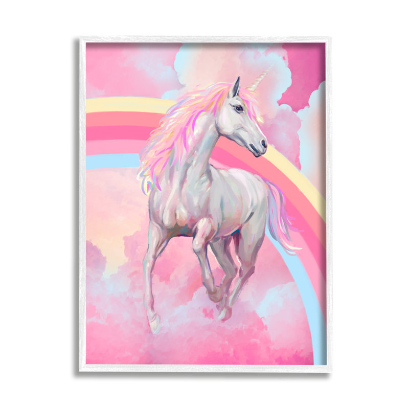 Imprimé de licorne rose et de nuages sur bois par Ziwei Li, Giclée encadrée blanc bord de mer, H 20 po x l 16 po x P 1,5 po
