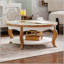 Table basse ronde en bois avec plateau en verre, table centrale circulaire en bois massif avec pieds incurvés et verre trempé amovible, idéale pour les petits espaces et pour un assemblage facile