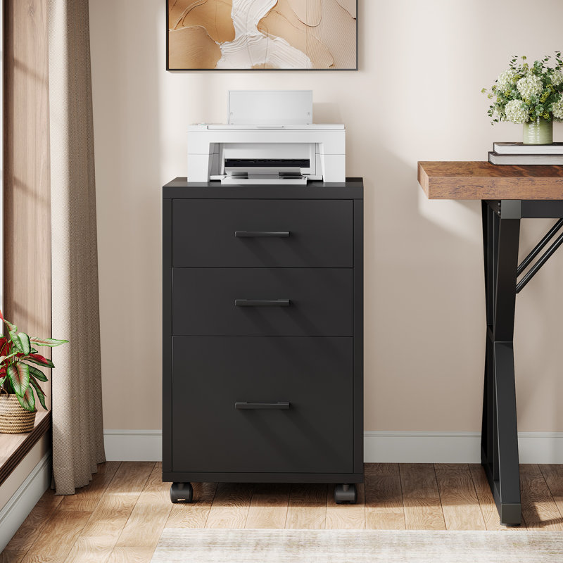 Modern 3-Drawer Rolling Vertical File Cabinet With Locking Casters,  Mobile Printer Stand For Home Office, Black