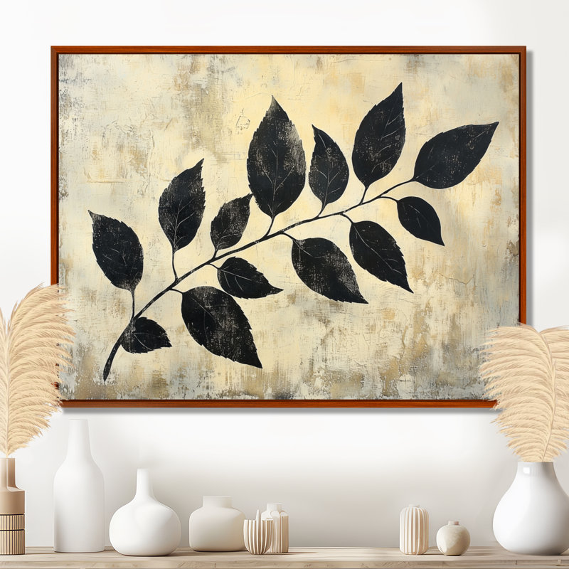 Ihna Black Leaves Shadow Silhouette V - Art mural feuilles, Brown, Impression encadrée flottante, H 16 po x l 32 po