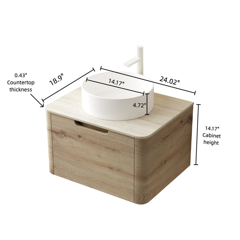 Meuble-lavabo de 24 po avec rangement mural, lavabo rond en céramique blanc, pierre frittée romaine, pré-assemblé, unité de rangement facile à installer, comptoir en marbre naturel, tiroir à fermeture en douceur