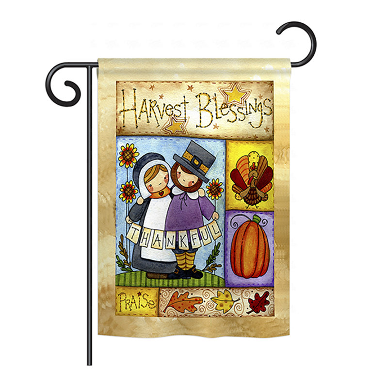 Drapeau maison en polyester 2 côtés heureusement pilgrims, H 18,5 po x l 13 po