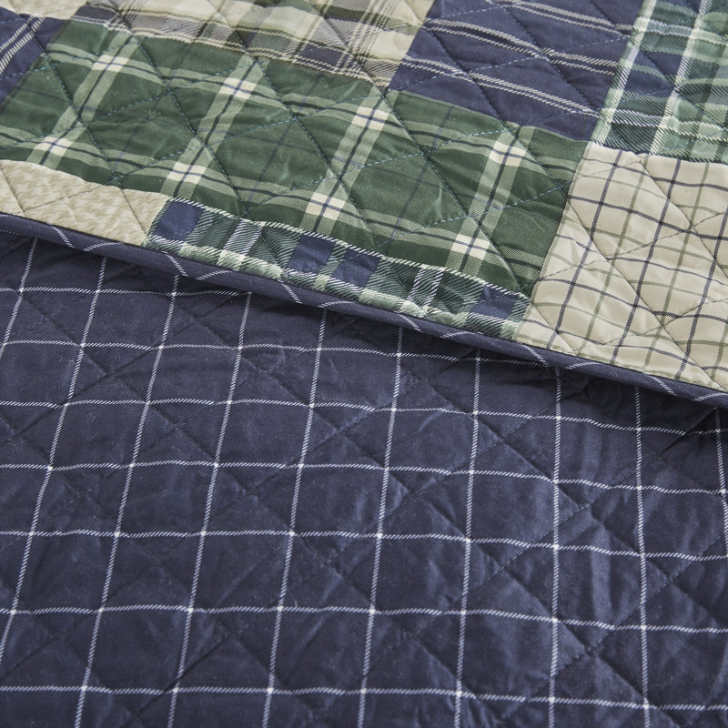 Green and Navy Reversible Microfiber Full Quilt Set