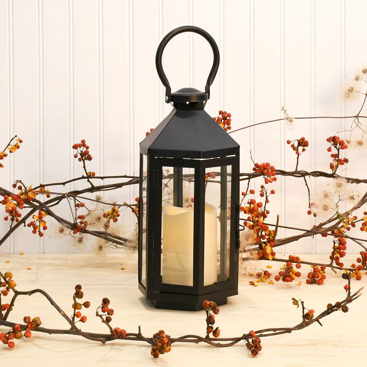 Metal Lantern with Battery-Operated Candle - Black Gem