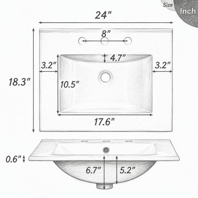 Meuble-lavabo de 24 po avec lavabo en céramique, structure en bois massif et armoire en panneau de fibres à densité moyenne, tiroir rabattable avec tiroirs profonds et peu profonds, support de porte et tablette réglable