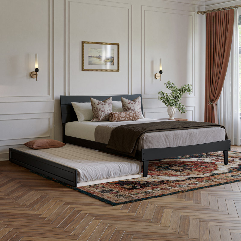 Phoenix Wood Platform Bed with Trundle, Black, Queen