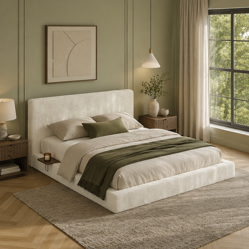 AirFrame King Bed Frame with Adjustable Sliding Side Table, 8.7'' Cloud Upholstered Sponge Cushion, Easy Assembly (Off-White)