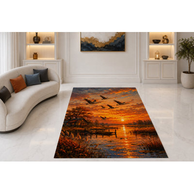 "Ultra Thin " 5' x 7"  Geese Lake Sunset Area Rug for Living Room, Bedroom and Home Office, Soft Low Pile Carpet with Non-Slip Silicone Backing, Orange and Brown