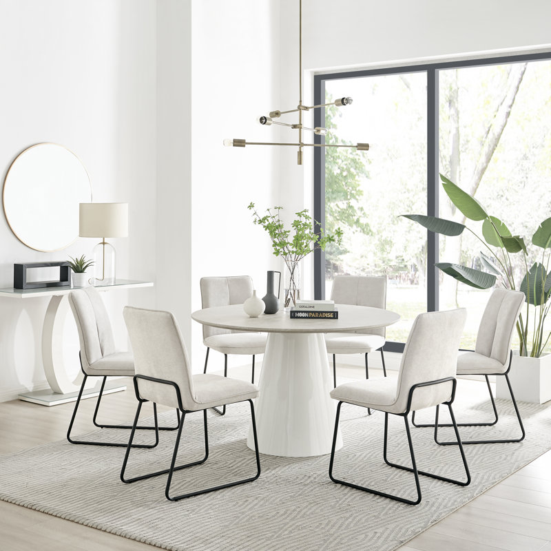 Edzard Statement 6 Person Round Dining Table Set in Luxury Stone Effect - Fabric Dining Chairs, Cream/Black