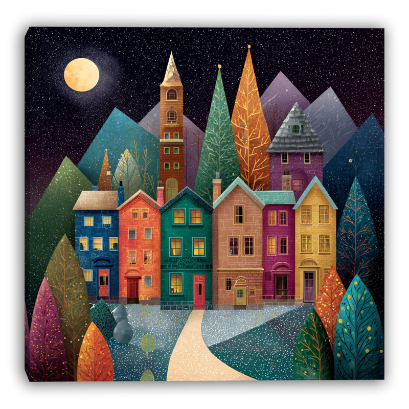 Art mural sur toile Moonlit Mountain Village, H 20 po x l 20 po