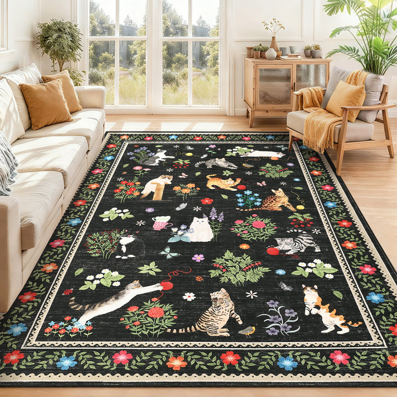 Area Rugs Modern Non-Slip Washable Rug Mark Resistant,Floral Farmhouse Carpet,Non-Shedding for Living Room Bedroom, Black