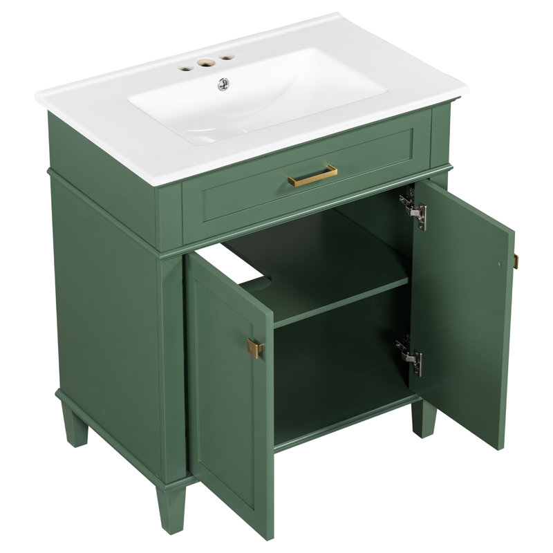 Meuble-lavabo de 30 po avec lavabo en céramique, tablettes réglables - intemporel pour les petites salles de bain, porte à fermeture douce, salles de bain attrayantes