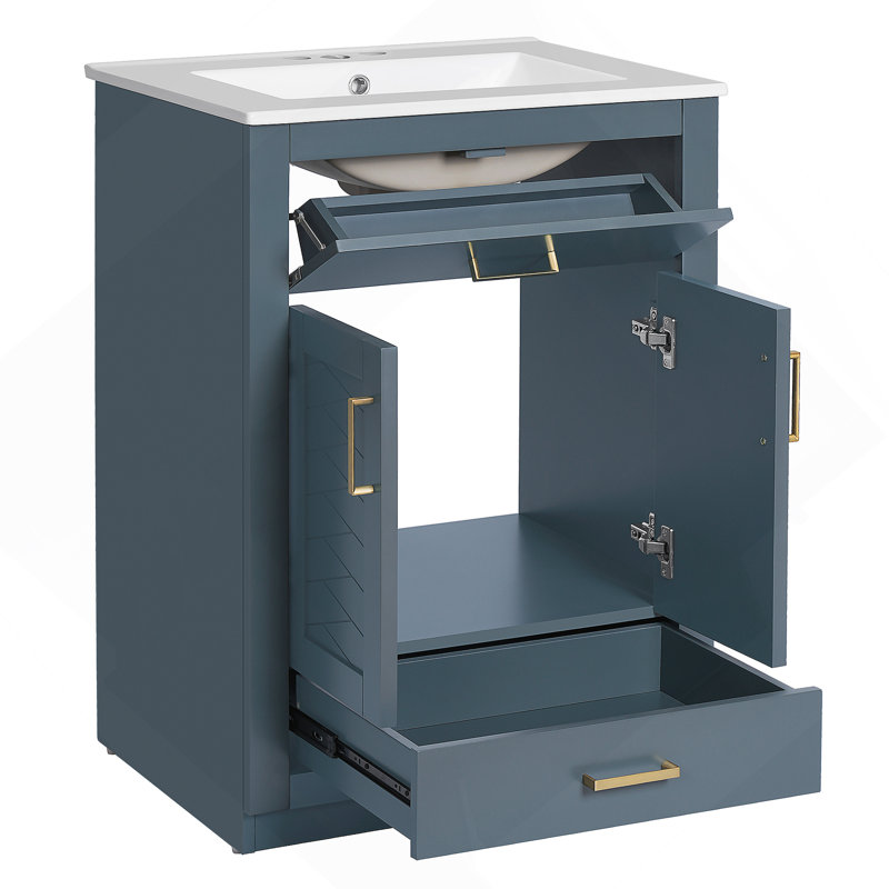 Meuble-lavabo bleu 24 po avec lavabo intégré en céramique, 2 portes et tiroir coulissant pour les petites et moyennes salles de bain