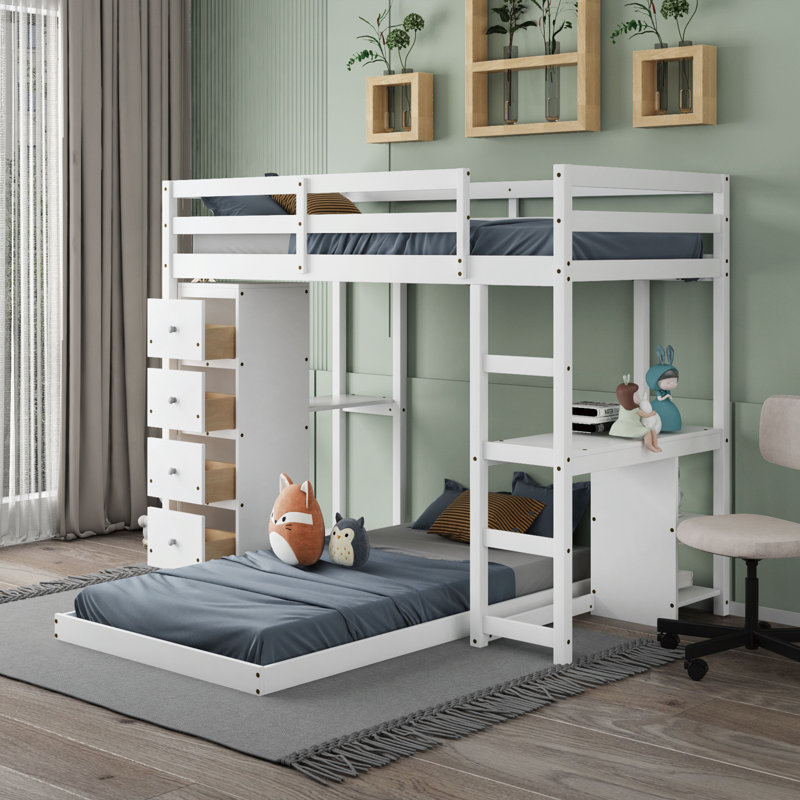 Lit superposé simple au-dessus de simple avec bureau intégré Grigoria par Harriet Bee, Blanc