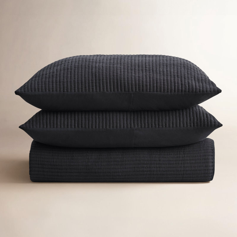 Ensemble de couvre-lit en coton côtelé matelassé, Courtepointe pour lit grand + deux taies décorati, Noir délavé
