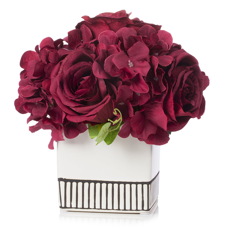 Burgundy Silk Hydrangea and Rose Arrangement in White Glass Vase