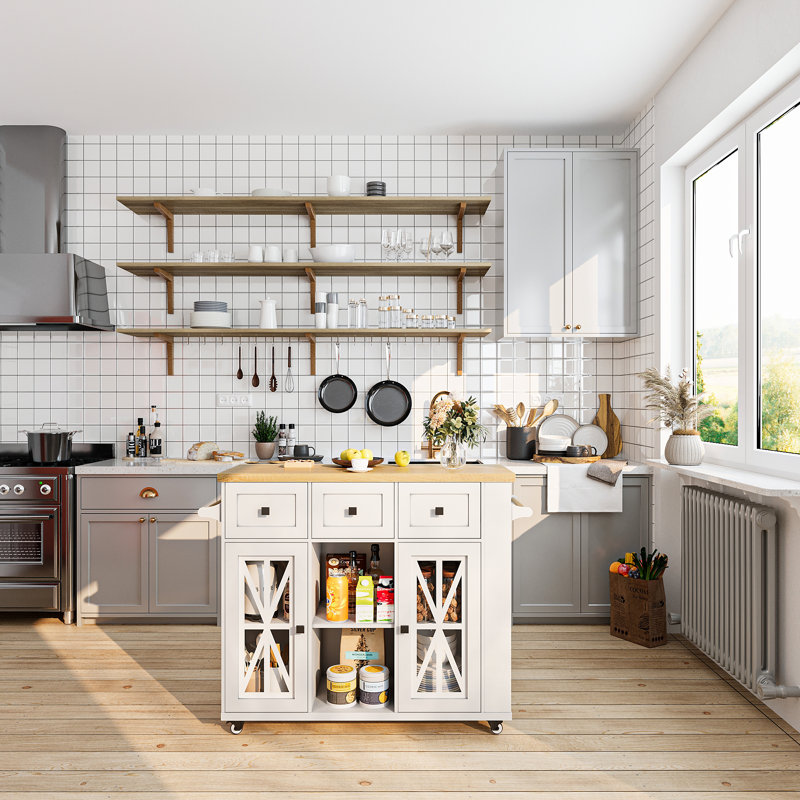 Farmhouse Style 41.3’’ L Wooden Mobile Kitchen Island With Drop Leaf Countertop, Rolling Kitchen Cart With Storage Cabinets, Drawers And Side Racks For Home Kitchen And Dining Rooms