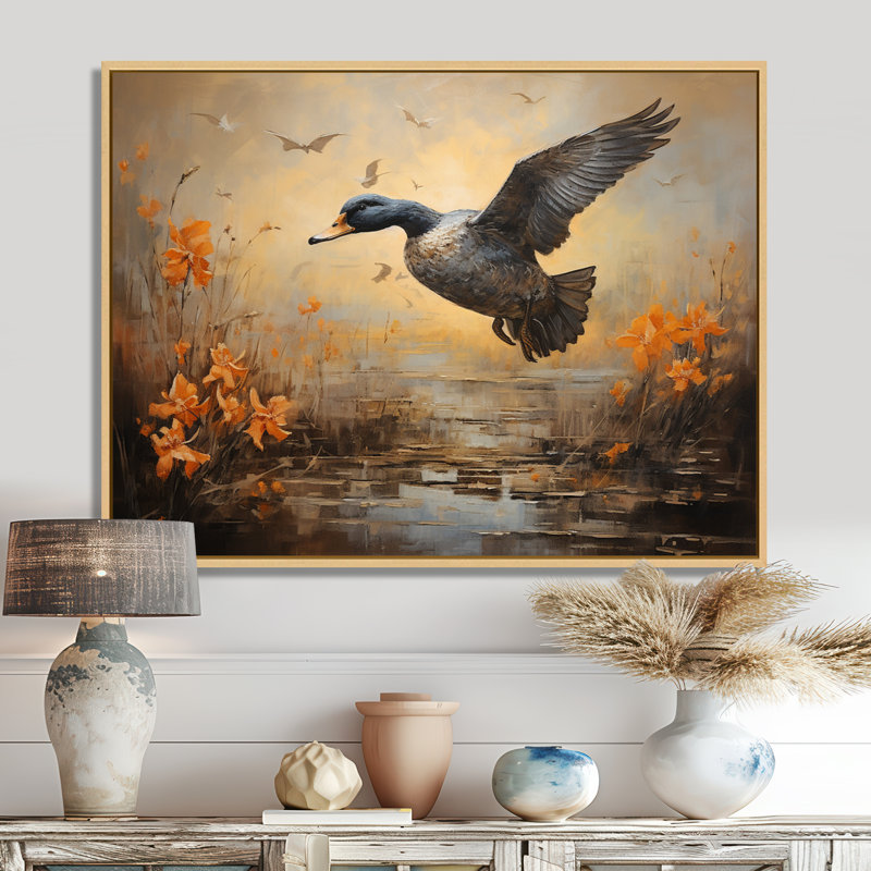 Art mural rétro, «Duck Flight At The Pond I», Cadre flottant brun, H 12 po x l 20 po x P 1 po