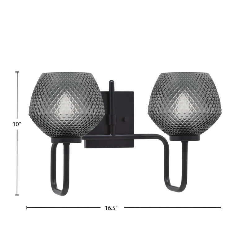 Barre d'éclairage de salle de bain 2 lumières Amarmula, finition noir mat, verre texturé fumée 6 po, Noir, Transparent/noir