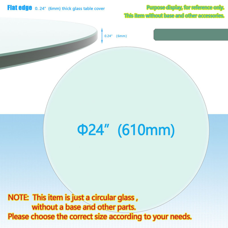 Glass Circular Straight Cut Edge Table Top, 0.24" H x 24" L x 24" W