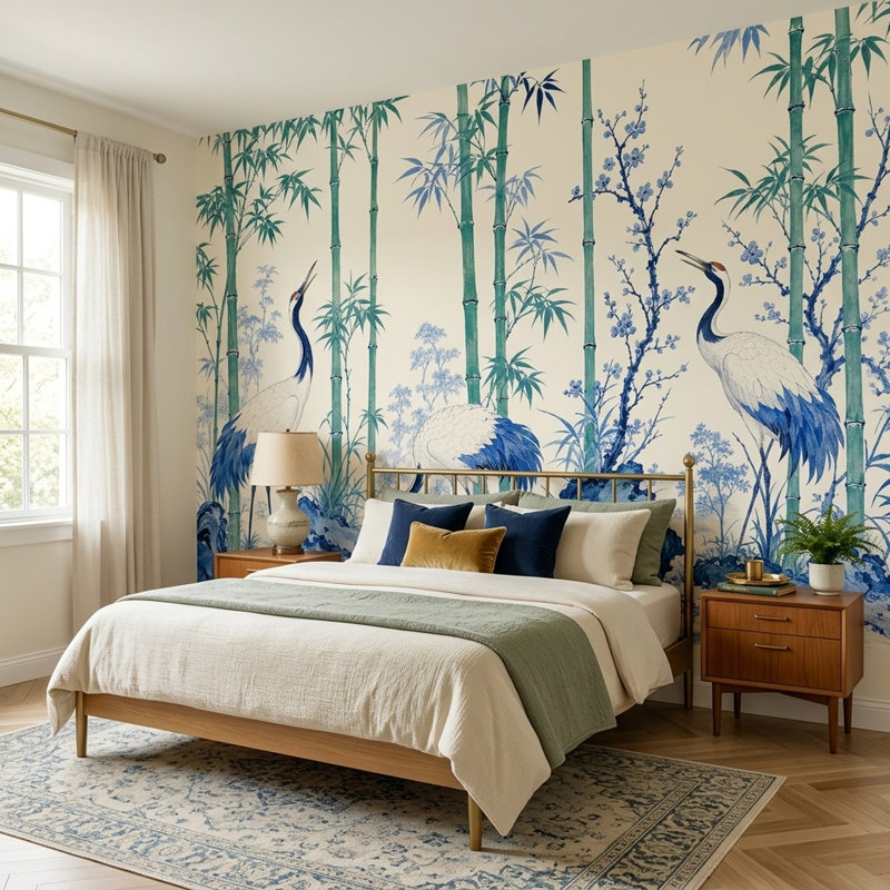 Papier peint mural de grue chinoiserie, oiseau en bambou bleu et blanc, style botanique, 200"x120", Peel and Stick