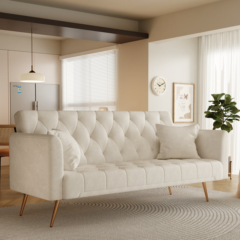 Canapé convertible de 71 pouces en velours beige rétro américain, convenant à un petit salon, une chambre à coucher ou un bureau