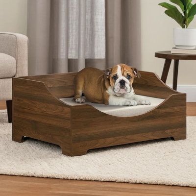 Lit pour chien ou chat 36 pouces à profil bas, rembourré doux, structure en bois brun chêne